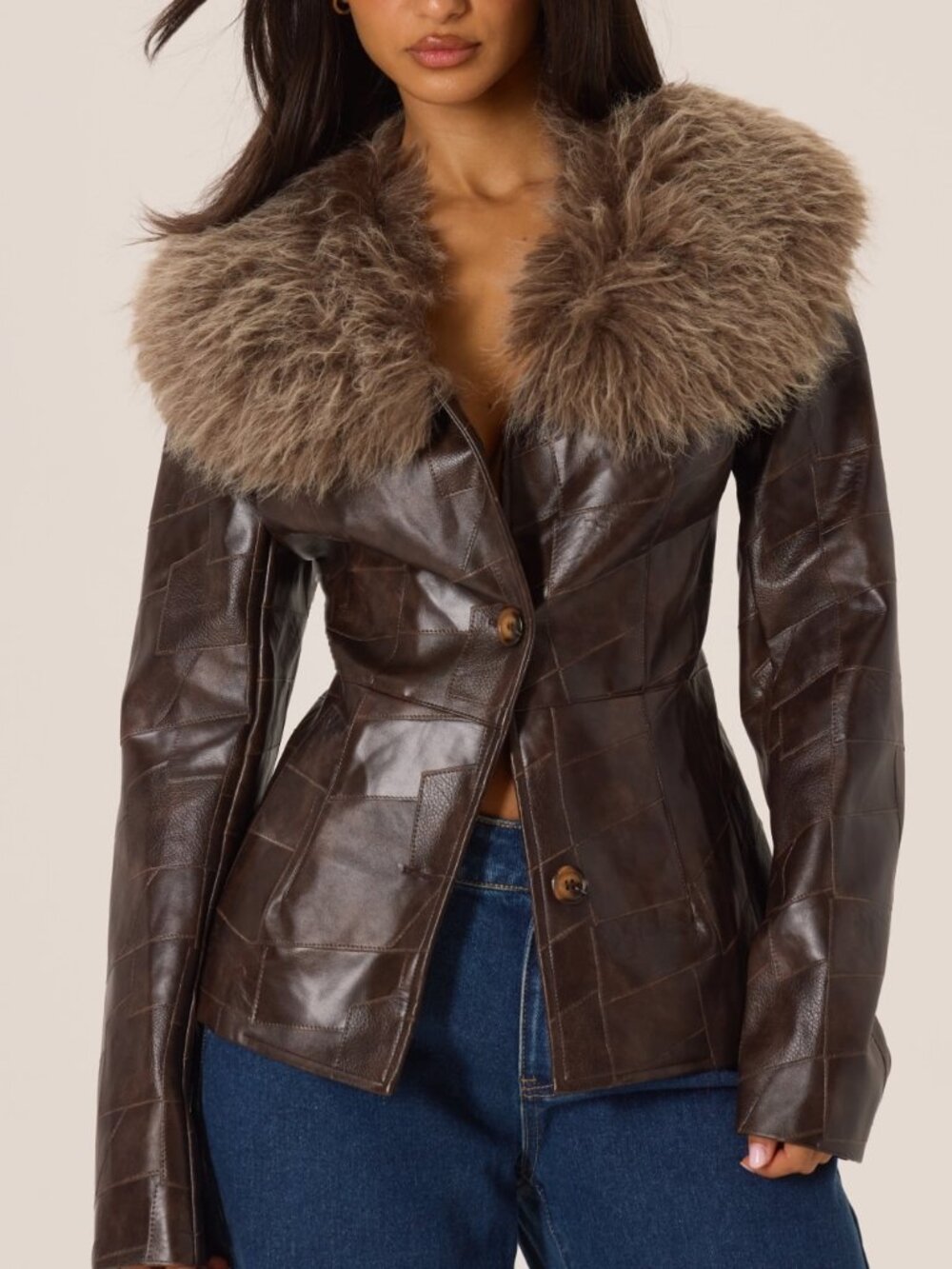 Mocha Brown Casual Women's Fluffy Collared Faux Leather Jacket